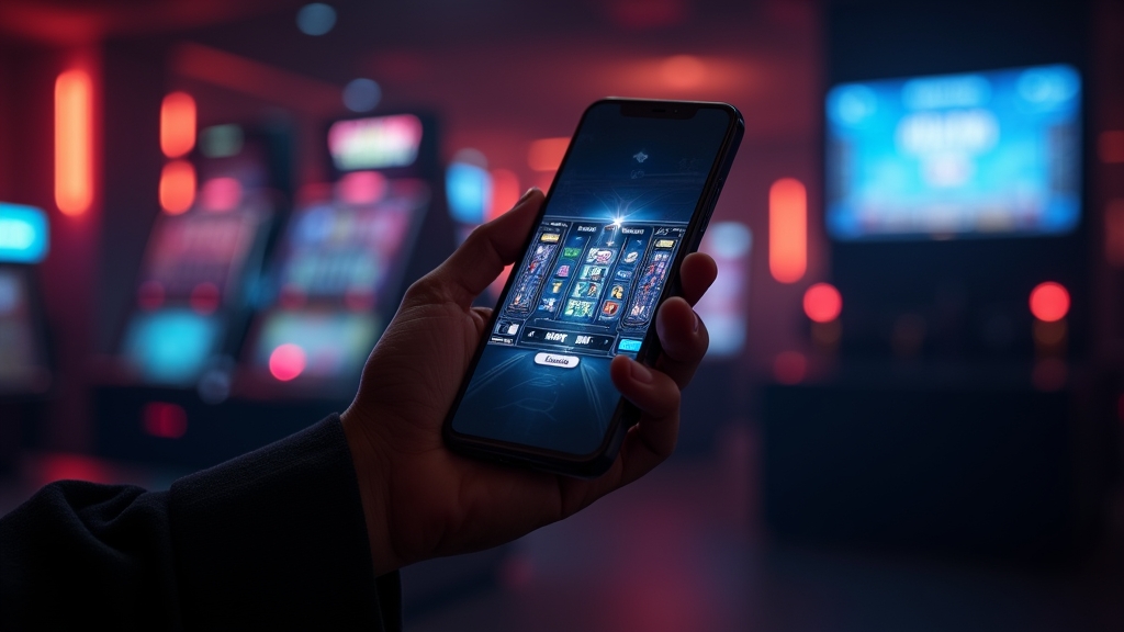 A smartphone showing a casino app interface in a dark gaming lounge